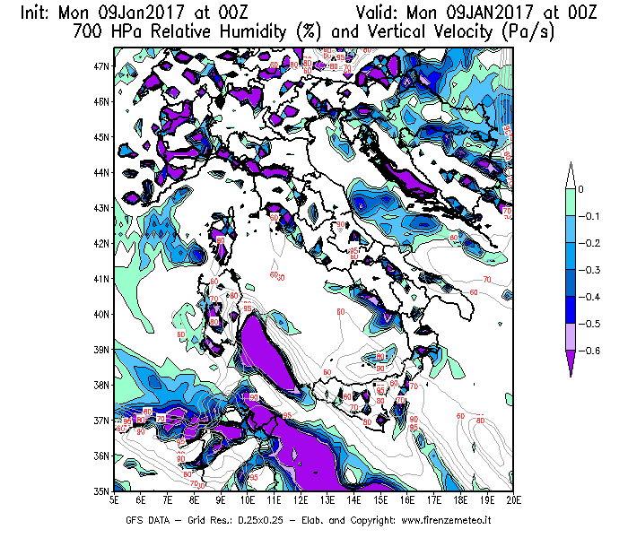 Mappa di analisi GFS - Umidità relativa [%] e Omega [Pa/s] a 700 hPa in Italia
							del 09/01/2017 00 <!--googleoff: index-->UTC<!--googleon: index-->