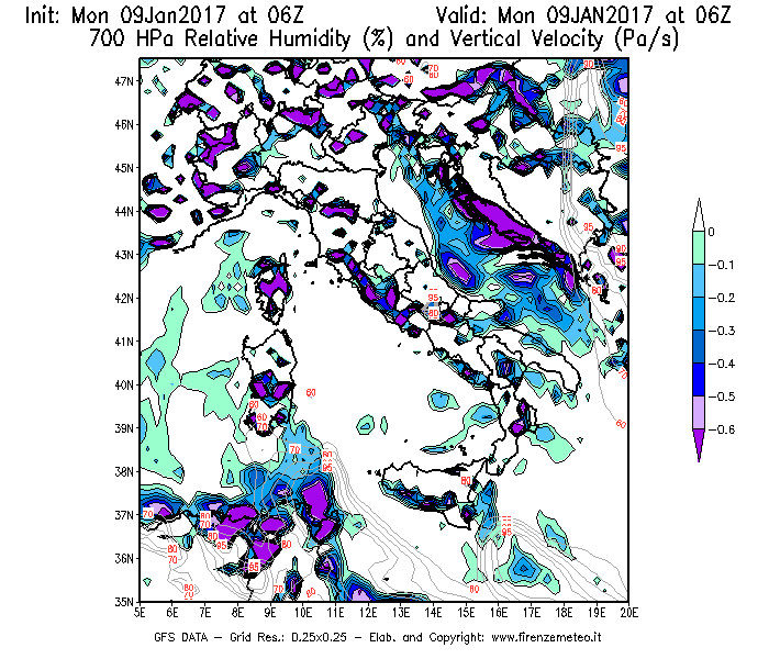 Mappa di analisi GFS - Umidità relativa [%] e Omega [Pa/s] a 700 hPa in Italia
							del 09/01/2017 06 <!--googleoff: index-->UTC<!--googleon: index-->