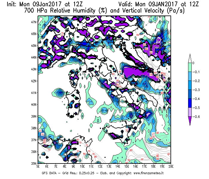 Mappa di analisi GFS - Umidità relativa [%] e Omega [Pa/s] a 700 hPa in Italia
							del 09/01/2017 12 <!--googleoff: index-->UTC<!--googleon: index-->