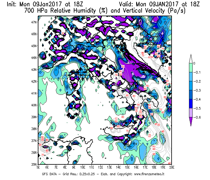 Mappa di analisi GFS - Umidità relativa [%] e Omega [Pa/s] a 700 hPa in Italia
							del 09/01/2017 18 <!--googleoff: index-->UTC<!--googleon: index-->