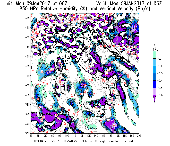 Mappa di analisi GFS - Umidità relativa [%] e Omega [Pa/s] a 850 hPa in Italia
							del 09/01/2017 06 <!--googleoff: index-->UTC<!--googleon: index-->