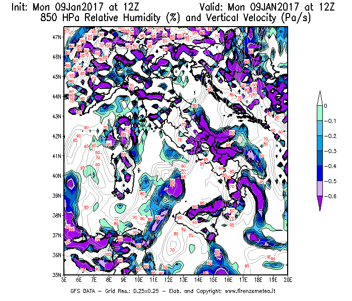 Mappa di analisi GFS - Umidità relativa [%] e Omega [Pa/s] a 850 hPa in Italia
							del 09/01/2017 12 <!--googleoff: index-->UTC<!--googleon: index-->
