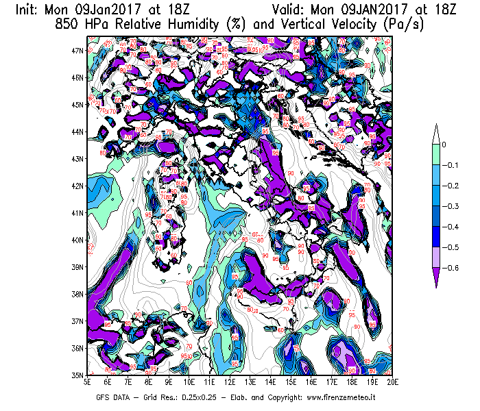 Mappa di analisi GFS - Umidità relativa [%] e Omega [Pa/s] a 850 hPa in Italia
							del 09/01/2017 18 <!--googleoff: index-->UTC<!--googleon: index-->