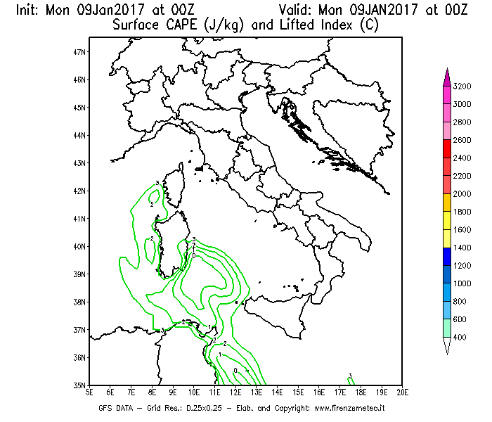 Mappa di analisi GFS - CAPE [J/kg] e Lifted Index [°C] in Italia
							del 09/01/2017 00 <!--googleoff: index-->UTC<!--googleon: index-->