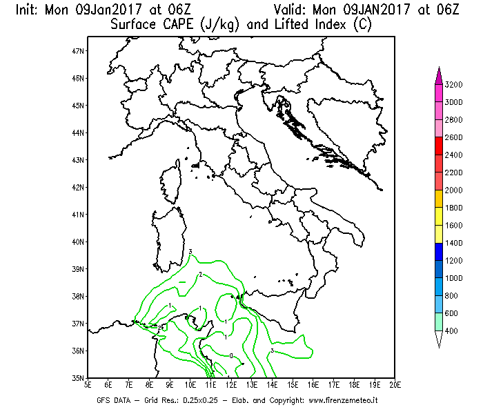 Mappa di analisi GFS - CAPE [J/kg] e Lifted Index [°C] in Italia
							del 09/01/2017 06 <!--googleoff: index-->UTC<!--googleon: index-->