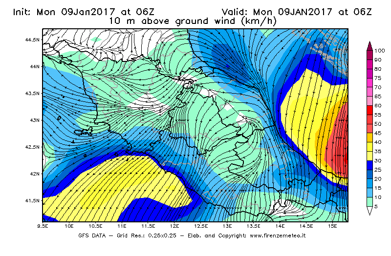 Mappa di analisi GFS - Velocità del vento a 10 metri dal suolo [km/h] in Centro-Italia
							del 09/01/2017 06 <!--googleoff: index-->UTC<!--googleon: index-->
