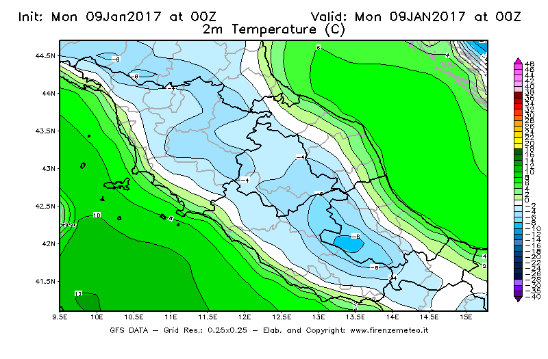Mappa di analisi GFS - Temperatura a 2 metri dal suolo [°C] in Centro-Italia
							del 09/01/2017 00 <!--googleoff: index-->UTC<!--googleon: index-->