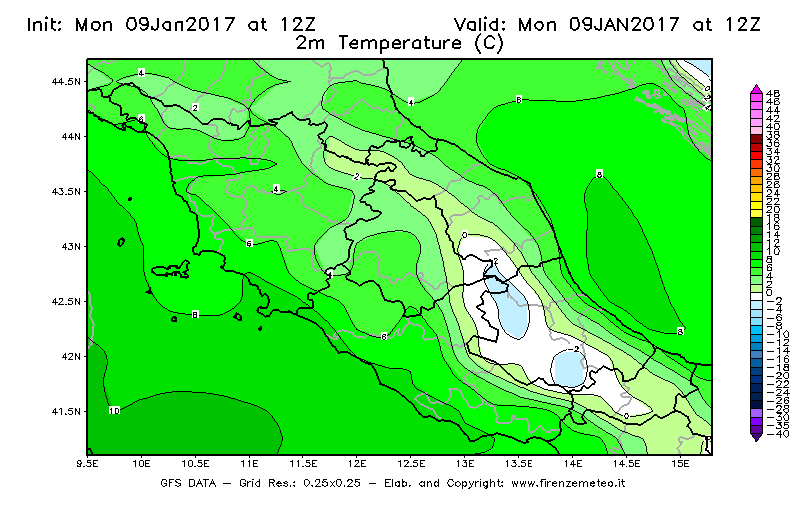 Mappa di analisi GFS - Temperatura a 2 metri dal suolo [°C] in Centro-Italia
							del 09/01/2017 12 <!--googleoff: index-->UTC<!--googleon: index-->