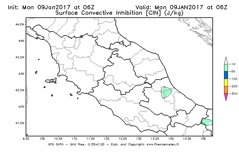 Mappa di analisi GFS - CIN [J/kg] in Centro-Italia
							del 09/01/2017 06 <!--googleoff: index-->UTC<!--googleon: index-->