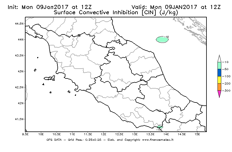Mappa di analisi GFS - CIN [J/kg] in Centro-Italia
							del 09/01/2017 12 <!--googleoff: index-->UTC<!--googleon: index-->