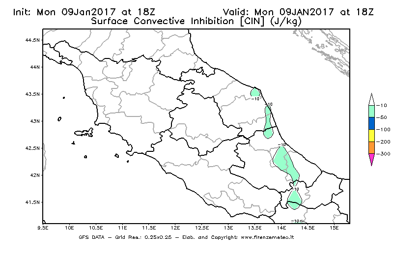 Mappa di analisi GFS - CIN [J/kg] in Centro-Italia
							del 09/01/2017 18 <!--googleoff: index-->UTC<!--googleon: index-->