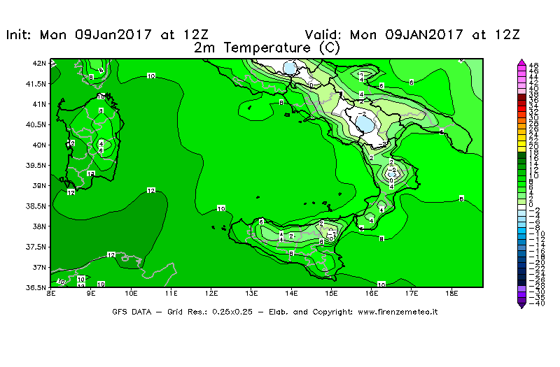 Mappa di analisi GFS - Temperatura a 2 metri dal suolo [°C] in Sud-Italia
							del 09/01/2017 12 <!--googleoff: index-->UTC<!--googleon: index-->