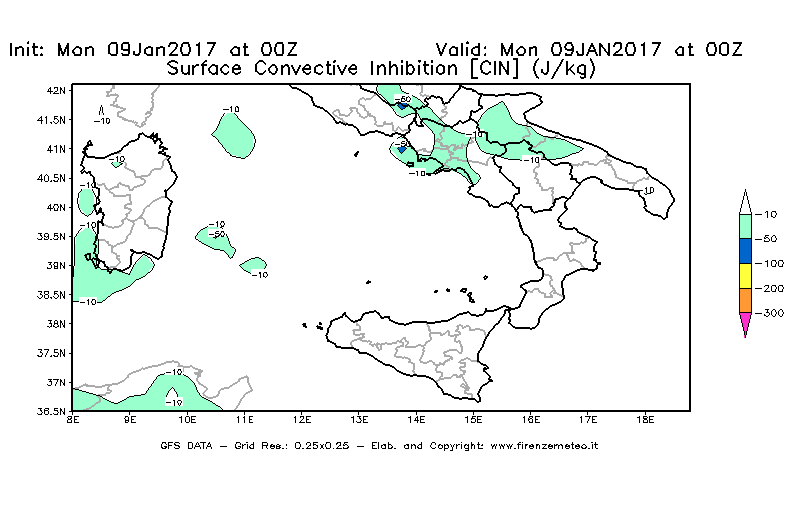 Mappa di analisi GFS - CIN [J/kg] in Sud-Italia
							del 09/01/2017 00 <!--googleoff: index-->UTC<!--googleon: index-->