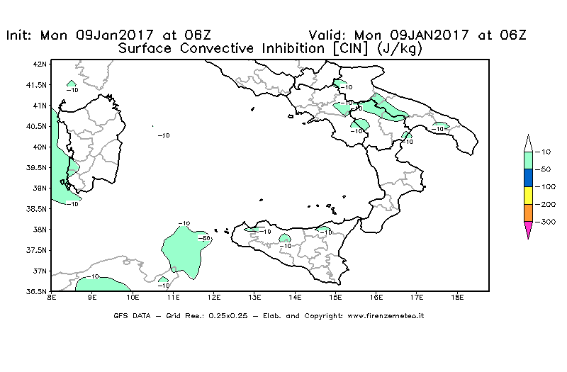 Mappa di analisi GFS - CIN [J/kg] in Sud-Italia
							del 09/01/2017 06 <!--googleoff: index-->UTC<!--googleon: index-->