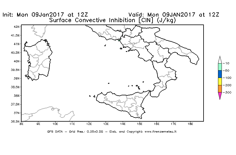 Mappa di analisi GFS - CIN [J/kg] in Sud-Italia
							del 09/01/2017 12 <!--googleoff: index-->UTC<!--googleon: index-->