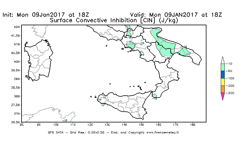 Mappa di analisi GFS - CIN [J/kg] in Sud-Italia
							del 09/01/2017 18 <!--googleoff: index-->UTC<!--googleon: index-->