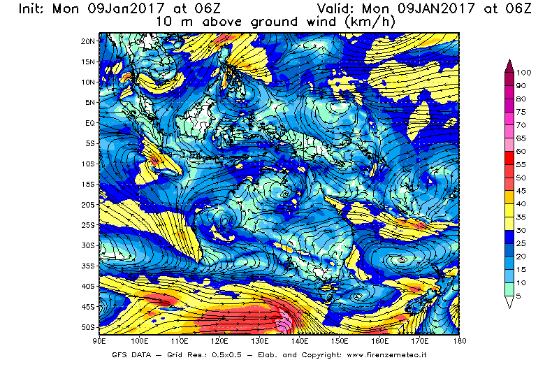 Mappa di analisi GFS - Velocità del vento a 10 metri dal suolo [km/h] in Oceania
							del 09/01/2017 06 <!--googleoff: index-->UTC<!--googleon: index-->