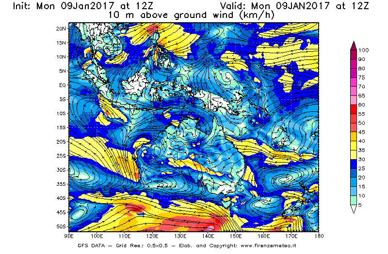 Mappa di analisi GFS - Velocità del vento a 10 metri dal suolo [km/h] in Oceania
							del 09/01/2017 12 <!--googleoff: index-->UTC<!--googleon: index-->