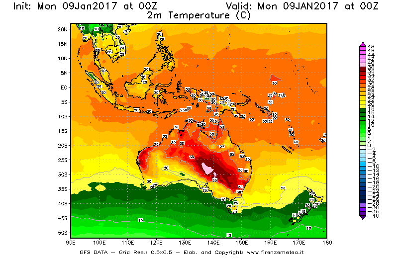 Mappa di analisi GFS - Temperatura a 2 metri dal suolo [°C] in Oceania
							del 09/01/2017 00 <!--googleoff: index-->UTC<!--googleon: index-->