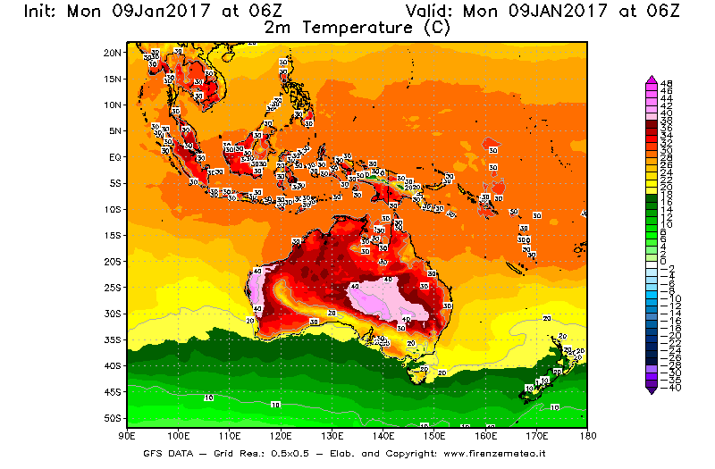 Mappa di analisi GFS - Temperatura a 2 metri dal suolo [°C] in Oceania
							del 09/01/2017 06 <!--googleoff: index-->UTC<!--googleon: index-->