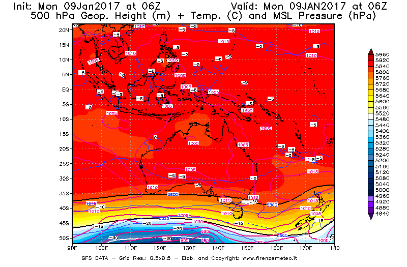Mappa di analisi GFS - Geopotenziale [m] + Temp. [°C] a 500 hPa + Press. a livello del mare [hPa] in Oceania
							del 09/01/2017 06 <!--googleoff: index-->UTC<!--googleon: index-->