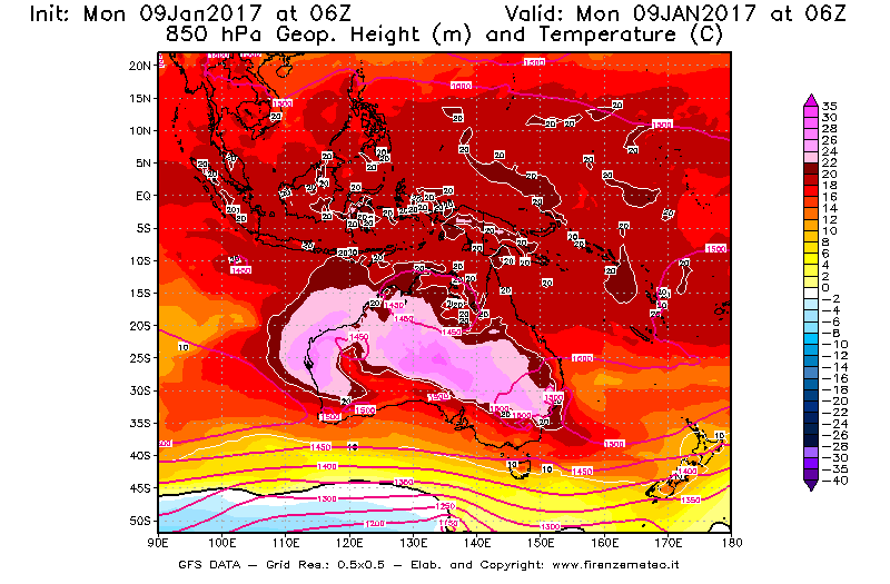 Mappa di analisi GFS - Geopotenziale [m] e Temperatura [°C] a 850 hPa in Oceania
							del 09/01/2017 06 <!--googleoff: index-->UTC<!--googleon: index-->