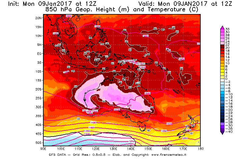 Mappa di analisi GFS - Geopotenziale [m] e Temperatura [°C] a 850 hPa in Oceania
							del 09/01/2017 12 <!--googleoff: index-->UTC<!--googleon: index-->