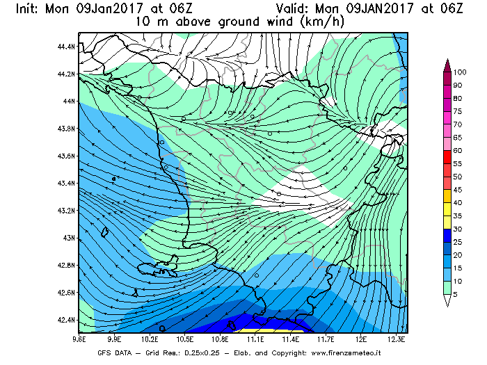 Mappa di analisi GFS - Velocità del vento a 10 metri dal suolo [km/h] in Toscana
							del 09/01/2017 06 <!--googleoff: index-->UTC<!--googleon: index-->
