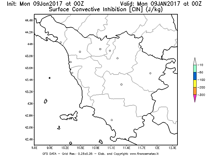 Mappa di analisi GFS - CIN [J/kg] in Toscana
							del 09/01/2017 00 <!--googleoff: index-->UTC<!--googleon: index-->