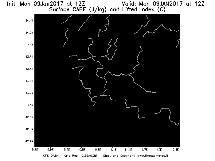 Mappa di analisi GFS - CAPE [J/kg] e Lifted Index [°C] in Toscana
							del 09/01/2017 12 <!--googleoff: index-->UTC<!--googleon: index-->