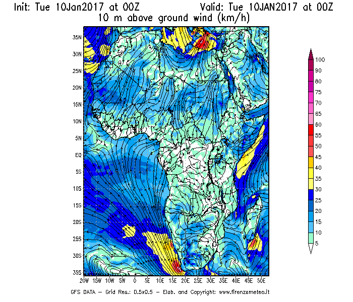 Mappa di analisi GFS - Velocità del vento a 10 metri dal suolo [km/h] in Africa
							del 10/01/2017 00 <!--googleoff: index-->UTC<!--googleon: index-->
