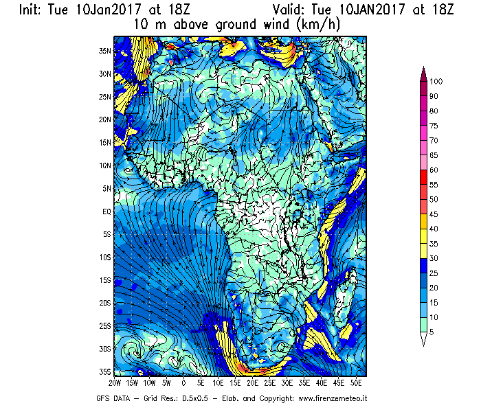 Mappa di analisi GFS - Velocità del vento a 10 metri dal suolo [km/h] in Africa
							del 10/01/2017 18 <!--googleoff: index-->UTC<!--googleon: index-->