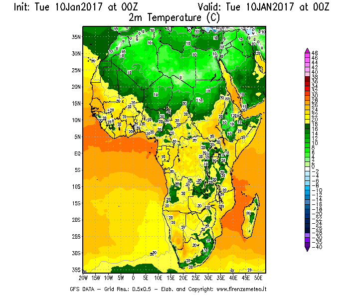 Mappa di analisi GFS - Temperatura a 2 metri dal suolo [°C] in Africa
									del 10/01/2017 00 <!--googleoff: index-->UTC<!--googleon: index-->