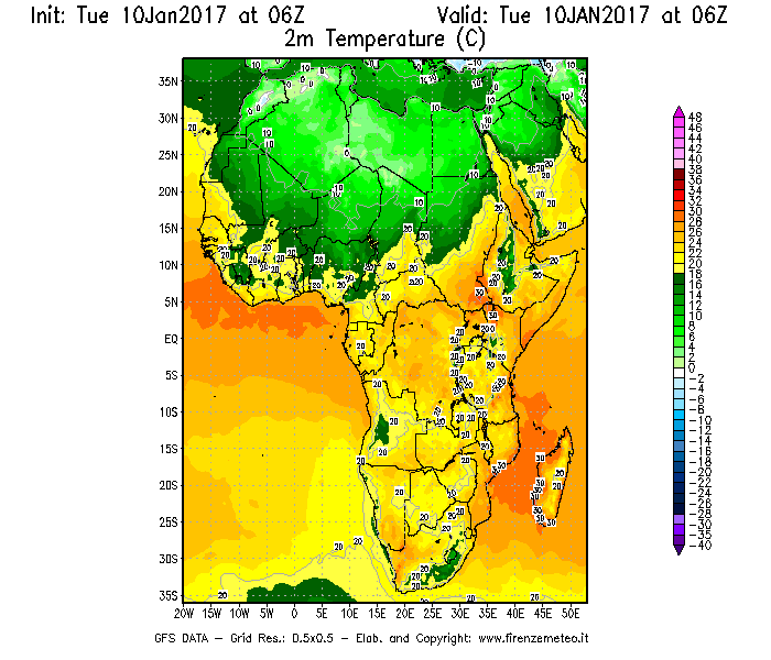 Mappa di analisi GFS - Temperatura a 2 metri dal suolo [°C] in Africa
							del 10/01/2017 06 <!--googleoff: index-->UTC<!--googleon: index-->