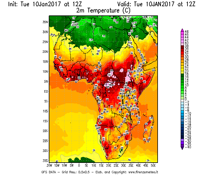 Mappa di analisi GFS - Temperatura a 2 metri dal suolo [°C] in Africa
							del 10/01/2017 12 <!--googleoff: index-->UTC<!--googleon: index-->