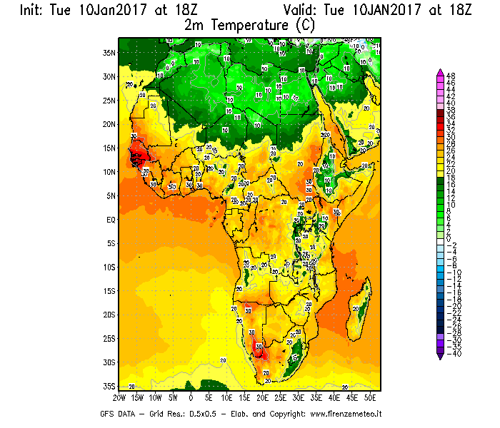 Mappa di analisi GFS - Temperatura a 2 metri dal suolo [°C] in Africa
							del 10/01/2017 18 <!--googleoff: index-->UTC<!--googleon: index-->