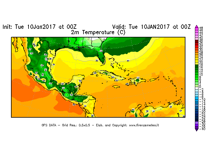 Mappa di analisi GFS - Temperatura a 2 metri dal suolo [°C] in Centro-America
							del 10/01/2017 00 <!--googleoff: index-->UTC<!--googleon: index-->