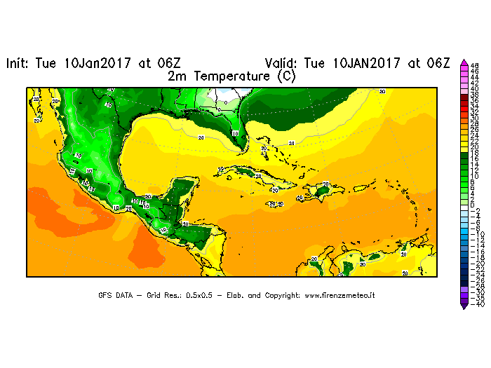 Mappa di analisi GFS - Temperatura a 2 metri dal suolo [°C] in Centro-America
									del 10/01/2017 06 <!--googleoff: index-->UTC<!--googleon: index-->