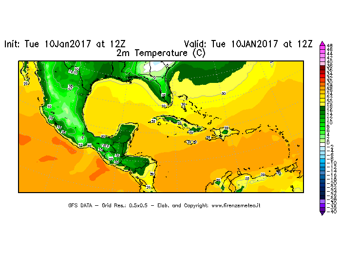 Mappa di analisi GFS - Temperatura a 2 metri dal suolo [°C] in Centro-America
							del 10/01/2017 12 <!--googleoff: index-->UTC<!--googleon: index-->