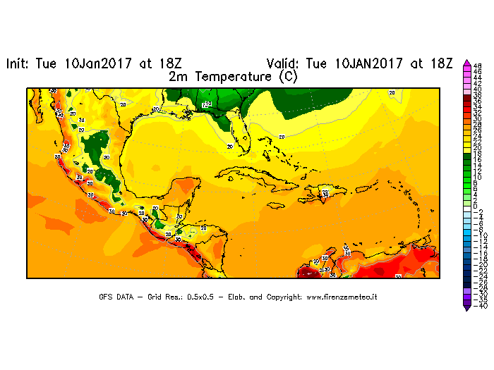 Mappa di analisi GFS - Temperatura a 2 metri dal suolo [°C] in Centro-America
							del 10/01/2017 18 <!--googleoff: index-->UTC<!--googleon: index-->