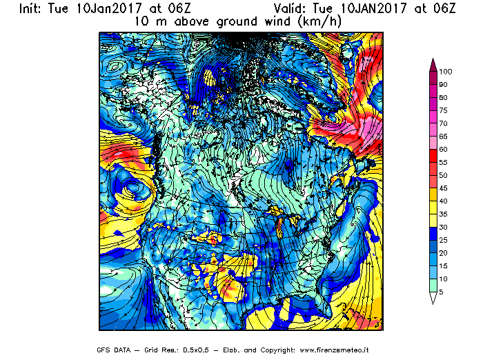 Mappa di analisi GFS - Velocità del vento a 10 metri dal suolo [km/h] in Nord-America
							del 10/01/2017 06 <!--googleoff: index-->UTC<!--googleon: index-->