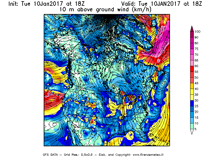 Mappa di analisi GFS - Velocità del vento a 10 metri dal suolo [km/h] in Nord-America
							del 10/01/2017 18 <!--googleoff: index-->UTC<!--googleon: index-->