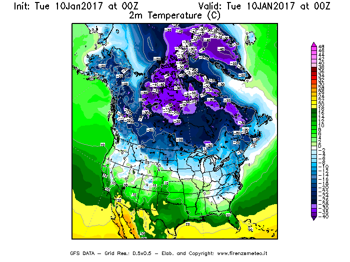 Mappa di analisi GFS - Temperatura a 2 metri dal suolo [°C] in Nord-America
							del 10/01/2017 00 <!--googleoff: index-->UTC<!--googleon: index-->