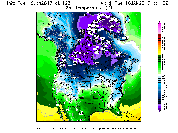 Mappa di analisi GFS - Temperatura a 2 metri dal suolo [°C] in Nord-America
							del 10/01/2017 12 <!--googleoff: index-->UTC<!--googleon: index-->