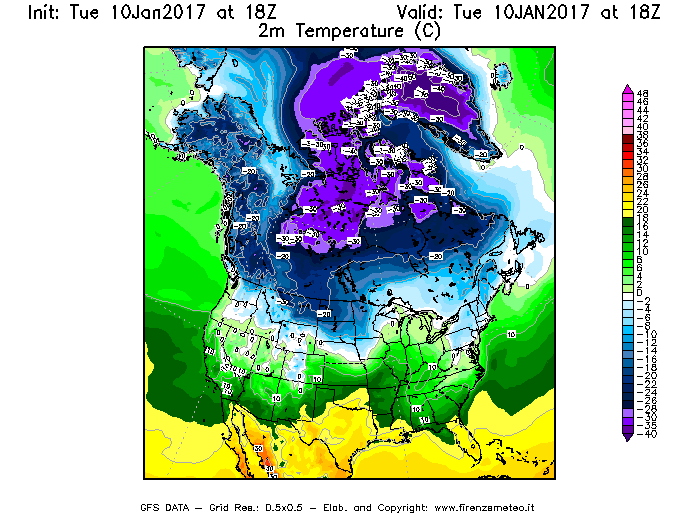 Mappa di analisi GFS - Temperatura a 2 metri dal suolo [°C] in Nord-America
							del 10/01/2017 18 <!--googleoff: index-->UTC<!--googleon: index-->