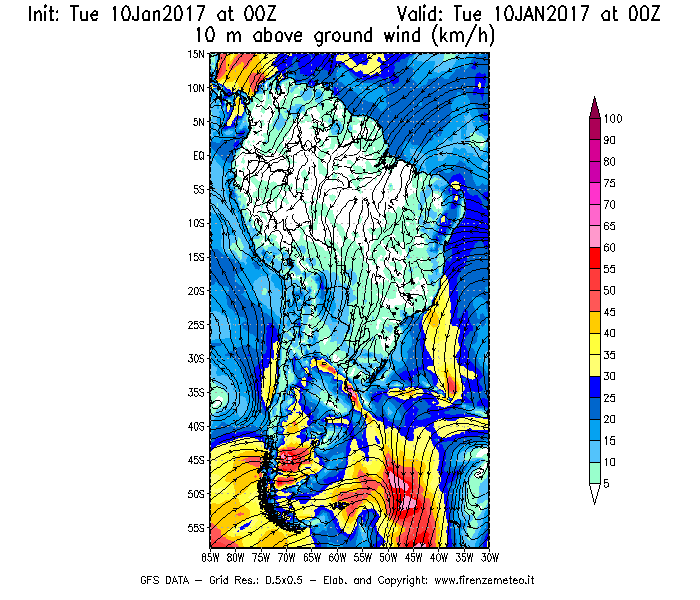Mappa di analisi GFS - Velocità del vento a 10 metri dal suolo [km/h] in Sud-America
							del 10/01/2017 00 <!--googleoff: index-->UTC<!--googleon: index-->