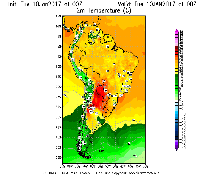 Mappa di analisi GFS - Temperatura a 2 metri dal suolo [°C] in Sud-America
									del 10/01/2017 00 <!--googleoff: index-->UTC<!--googleon: index-->