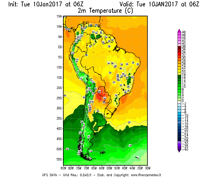 Mappa di analisi GFS - Temperatura a 2 metri dal suolo [°C] in Sud-America
									del 10/01/2017 06 <!--googleoff: index-->UTC<!--googleon: index-->