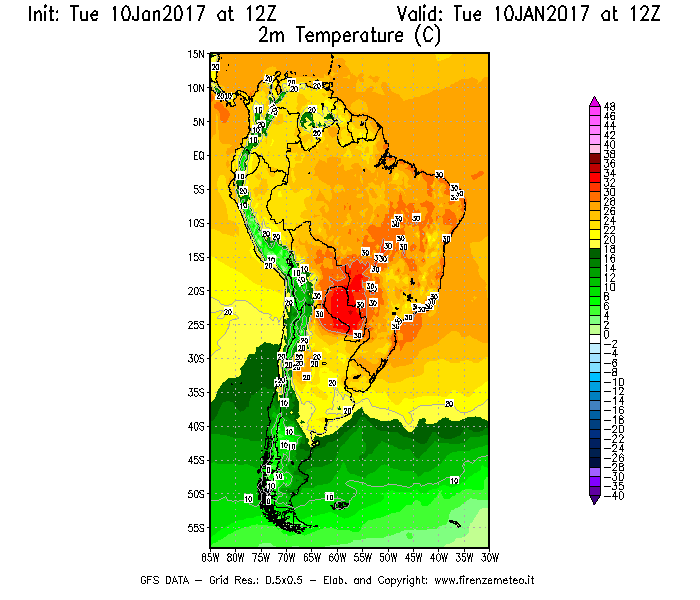 Mappa di analisi GFS - Temperatura a 2 metri dal suolo [°C] in Sud-America
							del 10/01/2017 12 <!--googleoff: index-->UTC<!--googleon: index-->