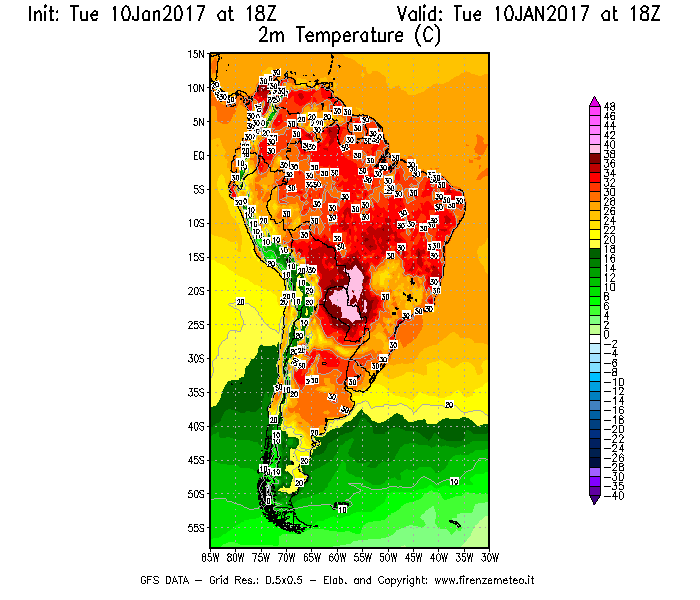 Mappa di analisi GFS - Temperatura a 2 metri dal suolo [°C] in Sud-America
							del 10/01/2017 18 <!--googleoff: index-->UTC<!--googleon: index-->